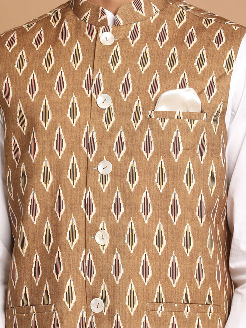 Vastramay Men's Multicolour-Base-Green Cotton Nehru Jacket  With White Cotton Pant